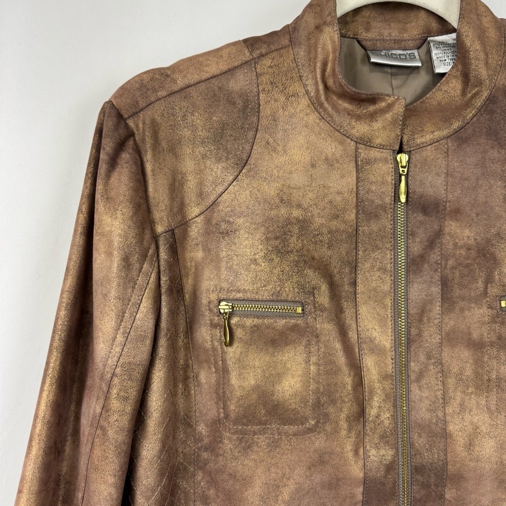 Chico's Full-Zip Moto Jacket Lined Brown Faux Leather Sz 1 US Sz M Mock Neck NEW - Picture 2 of 10